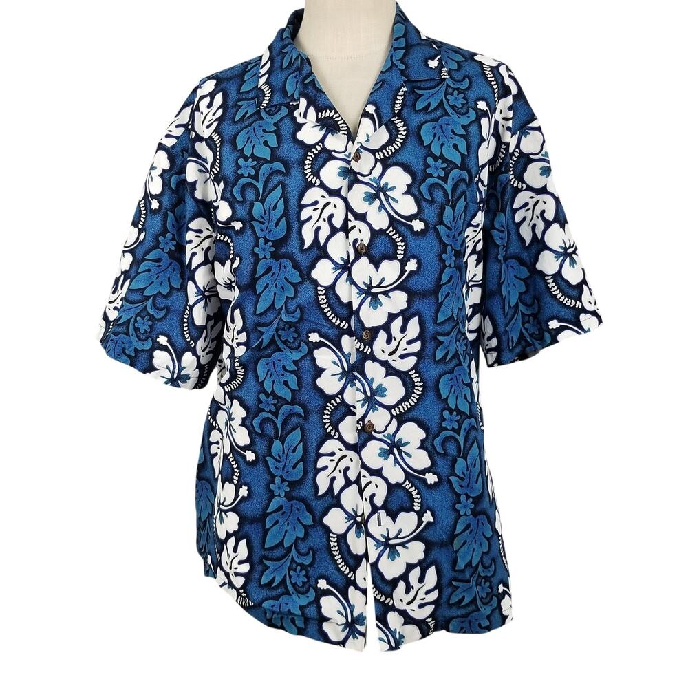 KYS Shirt Mens 3XL Blue Hawaiian Hibiscus Aloha Camp Button Front Made In Hawaii
